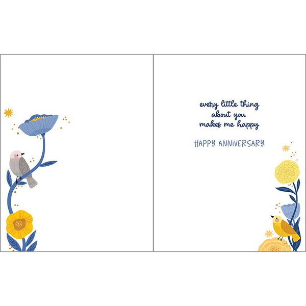 Anniversary card - Gold Bird and Blue Flowers, Gina B Designs