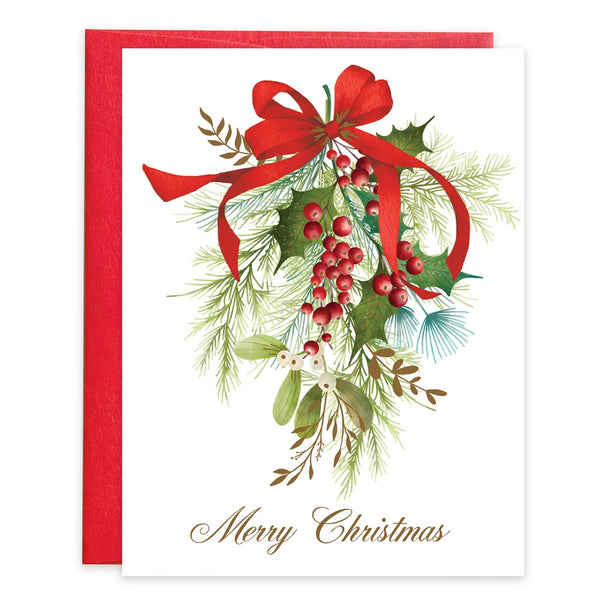 Gina B Designs Christmas card featuring a watercolor mistletoe illustration with gold foil accents and red envelope.